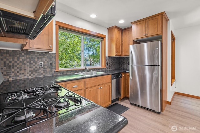 2511 NE 125th St Unit A, Seattle, WA 98125 - kitchen with stainless steel appliances, light wood-style floors, decorative backsplash, brown cabinets, and recessed lighting