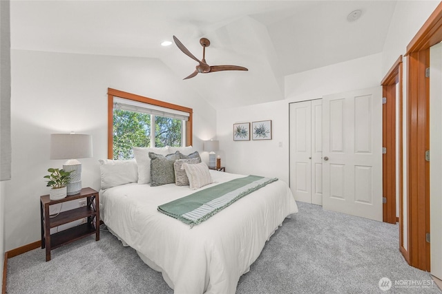 2511 NE 125th St Unit A, Seattle, WA 98125 - bedroom with lofted ceiling, light colored carpet, a closet, and a ceiling fan