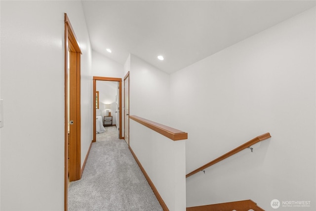 2511 NE 125th St Unit A, Seattle, WA 98125 - corridor featuring an upstairs landing, light carpet, lofted ceiling, and recessed lighting