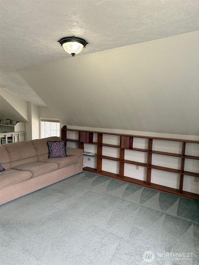 598 Blue Wing Loop SE, Ocean Shores, WA 98569 - living area featuring a textured ceiling, carpet, and vaulted ceiling