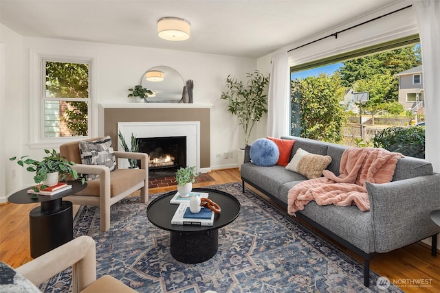 3033 48th Ave SW, Seattle, WA 98116 - living room featuring wood finished floors and a fireplace with flush hearth