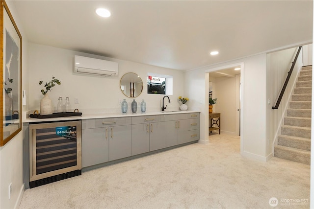 5310 46th Ave S, Seattle, WA 98118 - indoor wet bar featuring beverage cooler, a wall mounted AC, light colored carpet, stairs, and recessed lighting