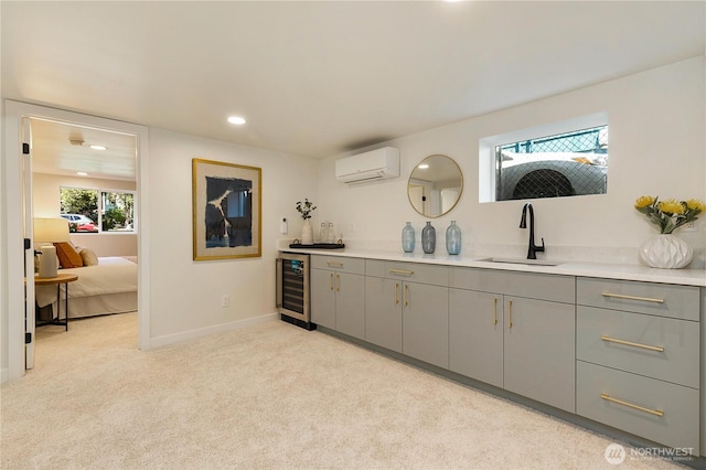 5310 46th Ave S, Seattle, WA 98118 - indoor wet bar featuring beverage cooler, a wall mounted AC, light colored carpet, and recessed lighting