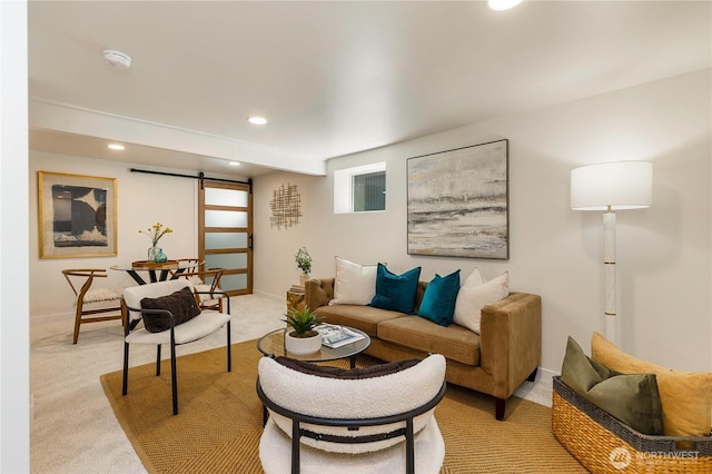 5310 46th Ave S, Seattle, WA 98118 - living room with a barn door, recessed lighting, and light colored carpet