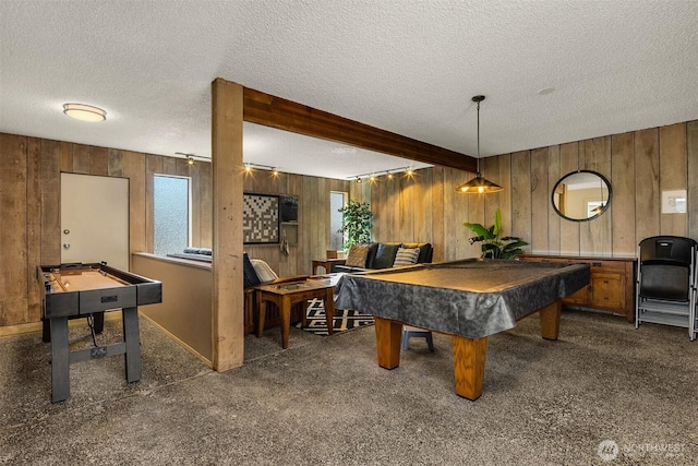 3650 26th Pl W Unit 202A, Seattle, WA 98199 - game room with billiards table, a textured ceiling, wood walls, carpet floors, and beam ceiling