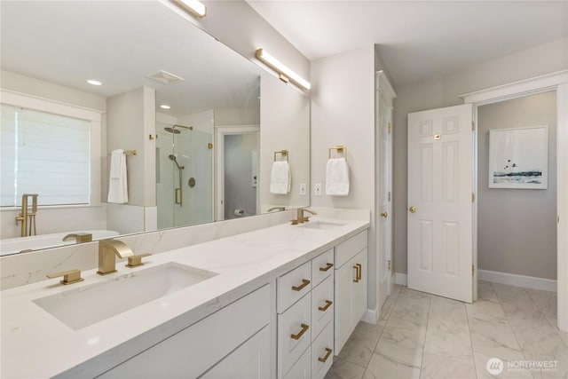 3055 49th Ave SW, Seattle, WA 98116 - full bathroom with a shower stall, double vanity, marble look tiles, and recessed lighting