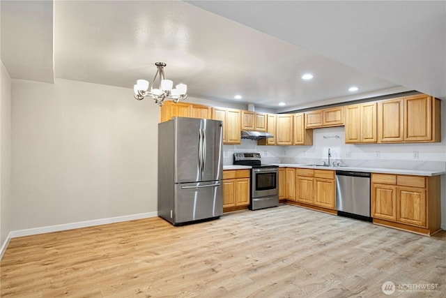 12621 SE 166th St, Renton, WA 98058 - kitchen featuring stainless steel appliances, a chandelier, light wood-style flooring, light countertops, and under cabinet range hood