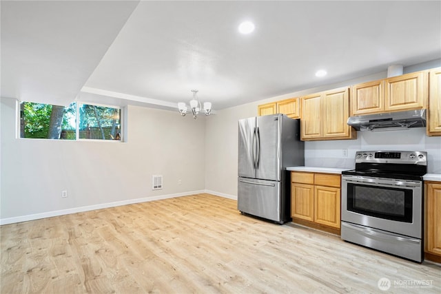 12621 SE 166th St, Renton, WA 98058 - kitchen with appliances with stainless steel finishes, range hood, a chandelier, light wood-type flooring, and light brown cabinetry