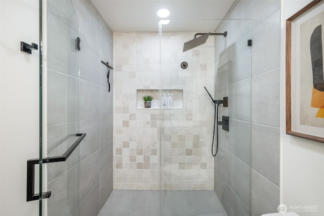 14821 117th Pl NE, Kirkland, WA 98034 - bathroom with a shower stall, tile patterned flooring, and recessed lighting
