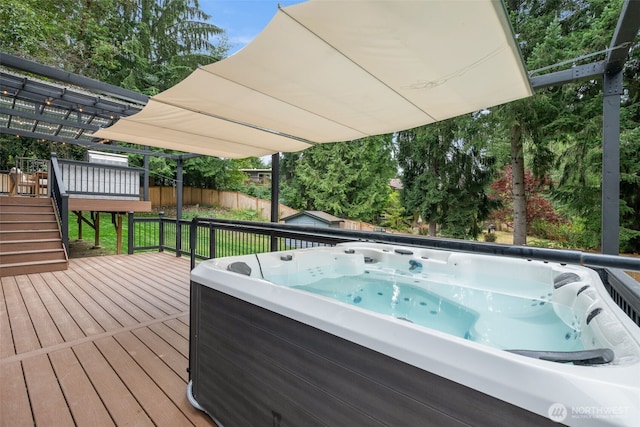 14821 117th Pl NE, Kirkland, WA 98034 - wooden terrace with a hot tub, stairway, a pergola, and view of scattered trees