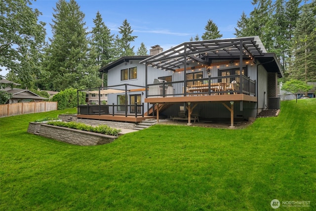 14821 117th Pl NE, Kirkland, WA 98034 - back of property with a deck, a pergola, and a chimney