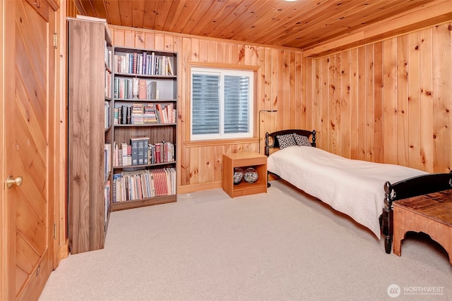 3006 43rd Ave W, Seattle, WA 98199 - bedroom featuring wooden ceiling, wood walls, and carpet flooring