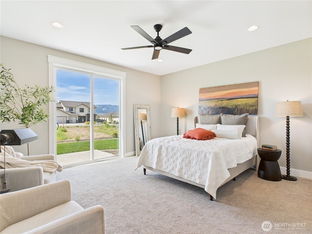 884 NE Tyler Pl E, Wenatchee, WA 98802 - bedroom with carpet, access to outside, recessed lighting, and ceiling fan