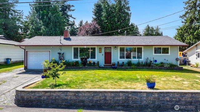 701 Mountain View Dr, Mount Vernon, WA 98273 - ranch-style house featuring driveway, a garage, a chimney, and a front yard