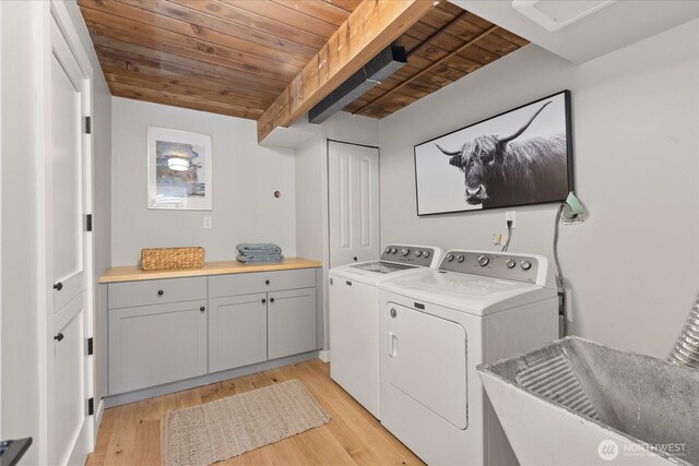 8733 21st Ave NW, Seattle, WA 98117 - laundry area with wooden ceiling, cabinet space, separate washer and dryer, and light wood-style flooring