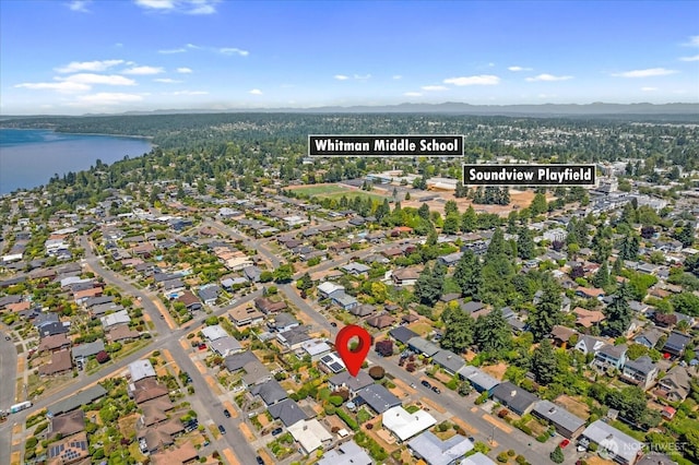 8733 21st Ave NW, Seattle, WA 98117 - aerial view of property and surrounding area with a water and mountain view