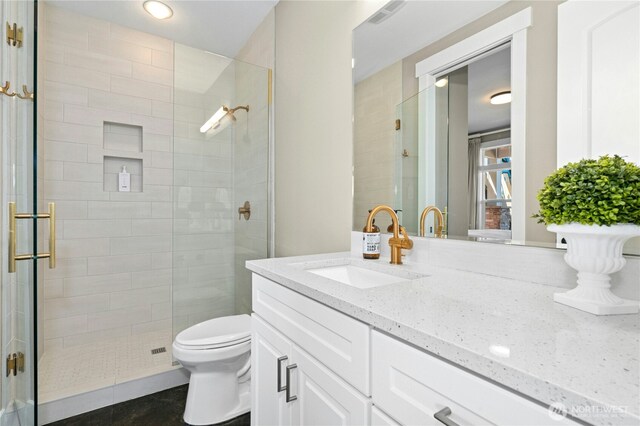 3844 Long Lake Loop SE, Olympia, WA 98503 - full bath featuring vanity, a stall shower, recessed lighting, and tile patterned floors