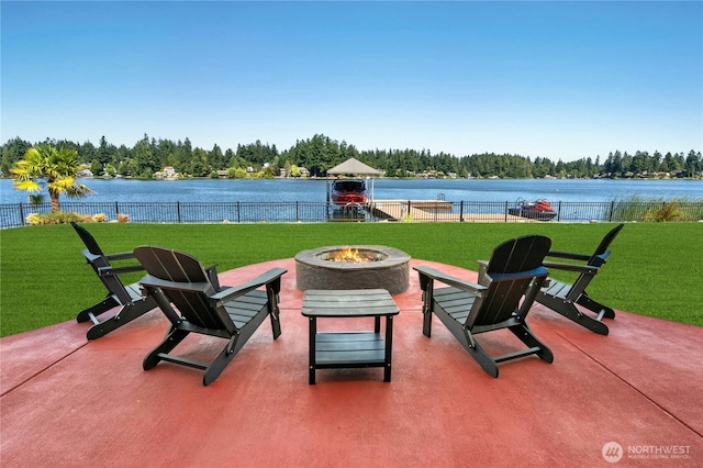 3844 Long Lake Loop SE, Olympia, WA 98503 - view of patio featuring an outdoor fire pit and a water view