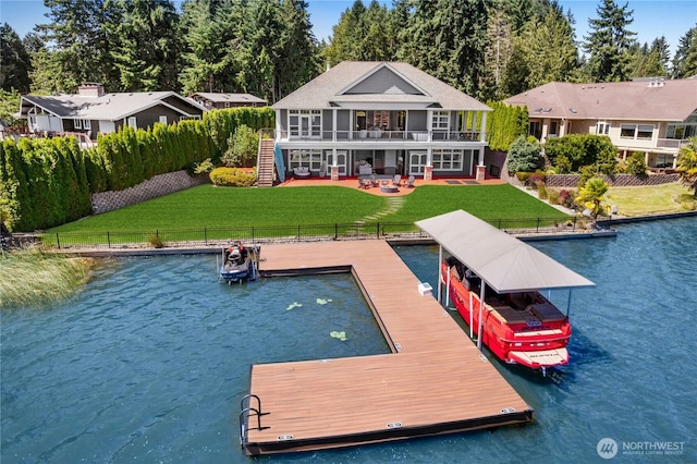 3844 Long Lake Loop SE, Olympia, WA 98503 - dock with stairway, a water view, a patio area, and a balcony