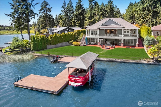 3844 Long Lake Loop SE, Olympia, WA 98503 - dock featuring a water view, stairway, a yard, and a patio area