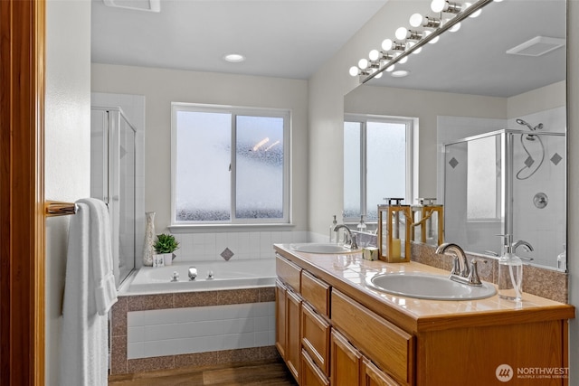 10873 SE 214th Pl, Kent, WA 98031 - full bath featuring double vanity, a shower stall, and a bath