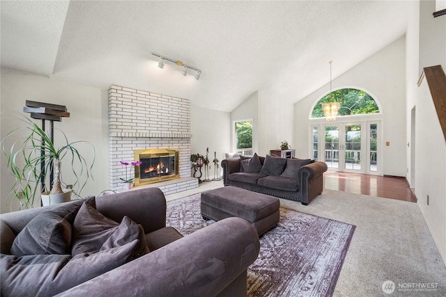 8113 S 121st St, Seattle, WA 98178 - living area featuring carpet, a fireplace, a textured ceiling, lofted ceiling, and track lighting