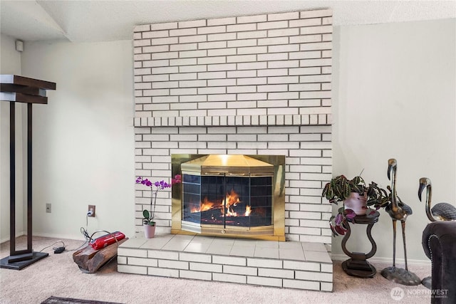 8113 S 121st St, Seattle, WA 98178 - detailed view of carpet floors, a brick fireplace, and a textured ceiling