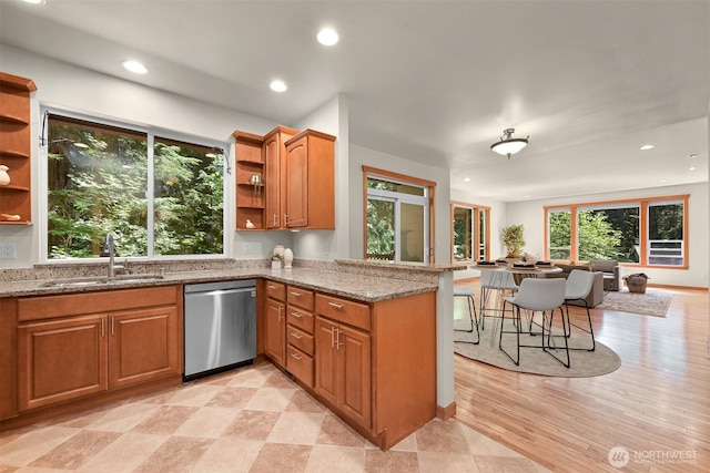 5 Arabian Way, Bellingham, WA 98229 - kitchen with dishwasher, open shelves, a peninsula, light stone counters, and recessed lighting