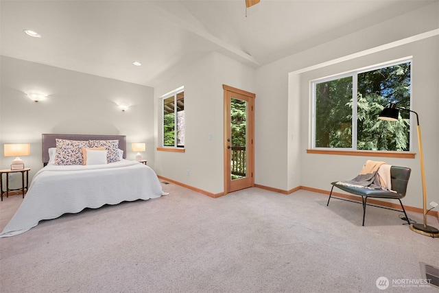 5 Arabian Way, Bellingham, WA 98229 - carpeted bedroom with access to outside, vaulted ceiling, recessed lighting, and ceiling fan
