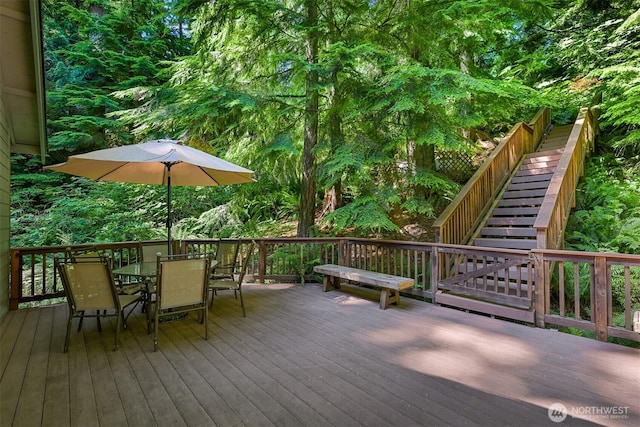 5 Arabian Way, Bellingham, WA 98229 - wooden deck featuring outdoor dining space and stairs