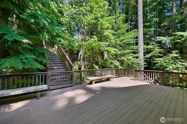 5 Arabian Way, Bellingham, WA 98229 - wooden deck with stairs and a forest view