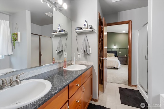 19826 207th Street Ct E, Orting, WA 98360 - bathroom with a shower stall, double vanity, ensuite bathroom, and tile patterned flooring