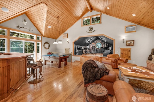 19808 Yew Way, Snohomish, WA 98296 - living area featuring a wood ceiling with exposed beams, light wood-style floors, billiards table, a wall mounted air conditioner, and high vaulted ceiling