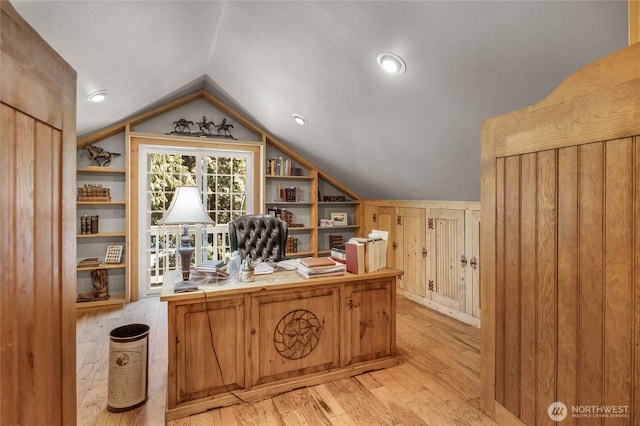19808 Yew Way, Snohomish, WA 98296 - home office featuring lofted ceiling, light wood-style floors, and built in shelves