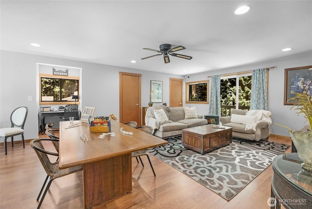19808 Yew Way, Snohomish, WA 98296 - living room featuring light wood-type flooring, a ceiling fan, and recessed lighting
