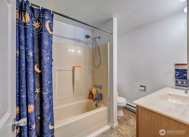 17141 SE 267th St, Covington, WA 98042 - full bath with a baseboard radiator, shower / tub combo with curtain, vanity, a textured ceiling, and a textured wall