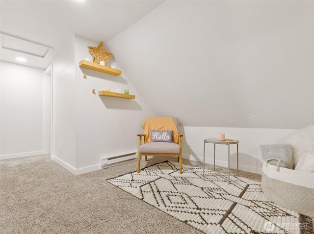 2118 S Sheridan Ave, Tacoma, WA 98405 - sitting room featuring a baseboard radiator, attic access, vaulted ceiling, carpet floors, and recessed lighting