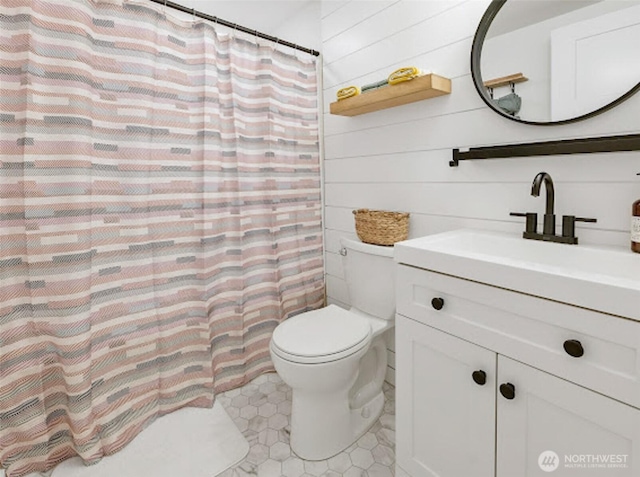 2118 S Sheridan Ave, Tacoma, WA 98405 - full bathroom featuring vanity, wood walls, curtained shower, and tile patterned flooring