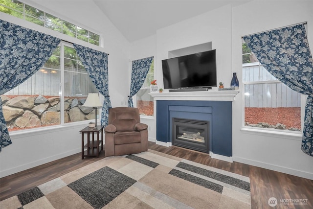 19168 110th Pl SE Unit 19168, Renton, WA 98055 - living area with wood finished floors, plenty of natural light, a glass covered fireplace, and high vaulted ceiling