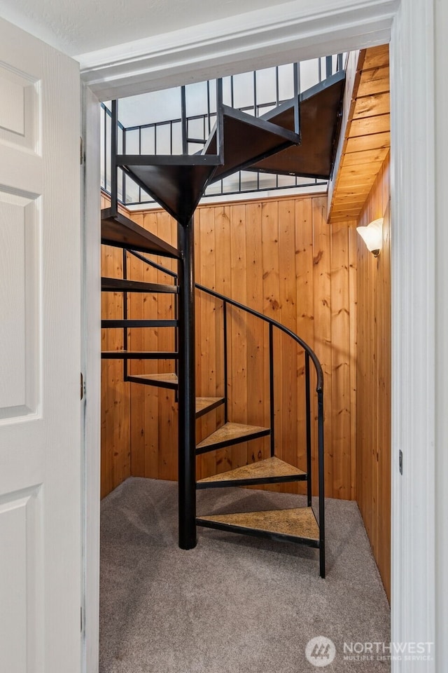 7519 Atchinson Dr SE, Olympia, WA 98513 - stairs featuring carpet flooring and wood walls