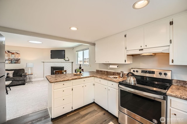 13601 SE 141st St, Renton, WA 98059 - kitchen featuring stainless steel electric stove, under cabinet range hood, open floor plan, a peninsula, and white cabinetry