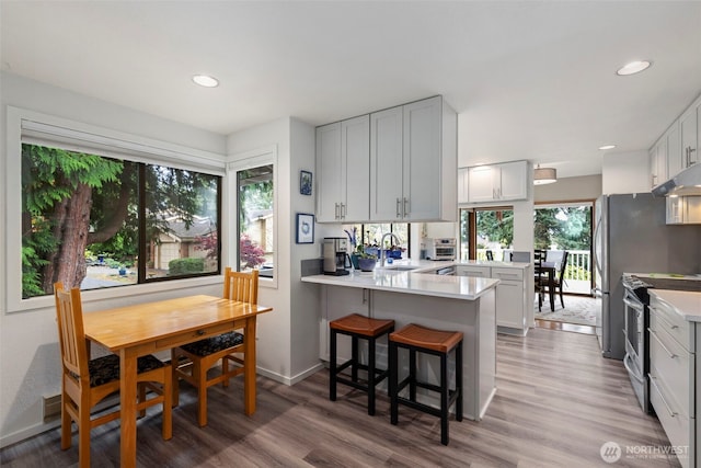 190 Bluffs Dr Unit 1, Port Townsend, WA 98368 - kitchen featuring stainless steel electric range oven, a peninsula, light wood-style flooring, light countertops, and recessed lighting