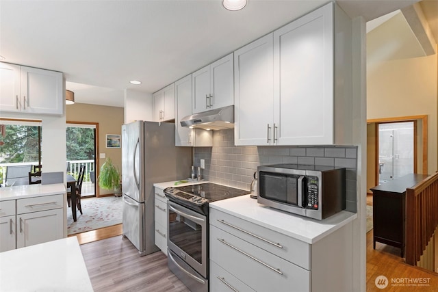190 Bluffs Dr Unit 1, Port Townsend, WA 98368 - kitchen featuring appliances with stainless steel finishes, under cabinet range hood, light wood-style flooring, light countertops, and recessed lighting