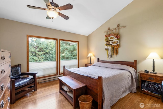 190 Bluffs Dr Unit 1, Port Townsend, WA 98368 - bedroom featuring baseboard heating, light wood finished floors, vaulted ceiling, and ceiling fan