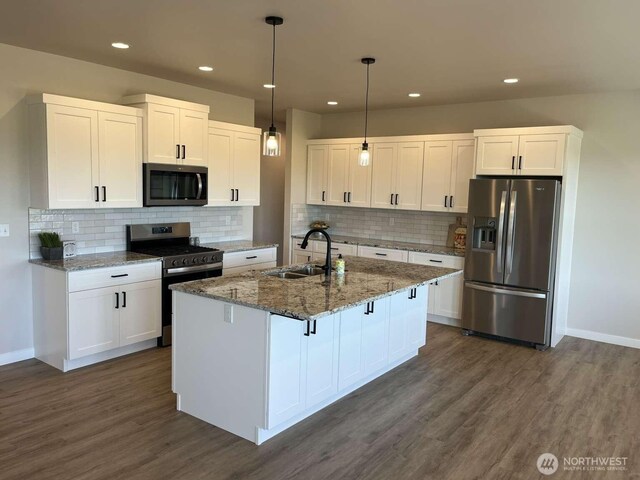 2080 Bowfin Way, Lynden, WA 98264 - kitchen with stainless steel appliances, dark wood finished floors, white cabinets, recessed lighting, and decorative backsplash