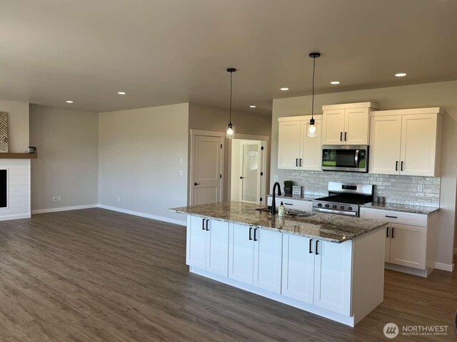 2080 Bowfin Way, Lynden, WA 98264 - kitchen featuring appliances with stainless steel finishes, dark wood-style floors, white cabinetry, recessed lighting, and an island with sink