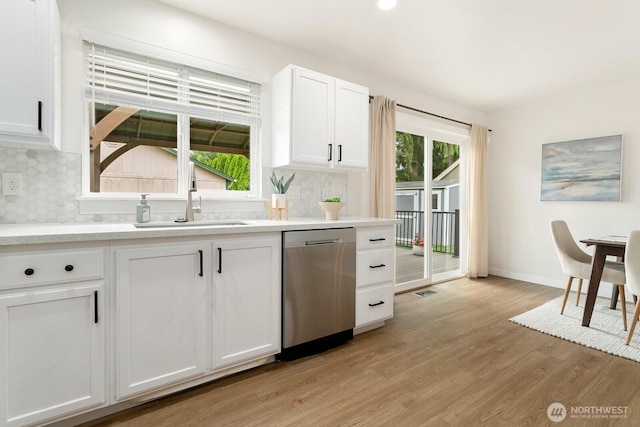2016 3rd Ct SE, Auburn, WA 98002 - kitchen featuring stainless steel dishwasher, tasteful backsplash, light wood-style floors, and white cabinetry