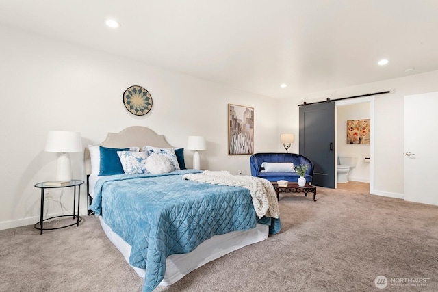 2016 3rd Ct SE, Auburn, WA 98002 - bedroom featuring carpet floors, a barn door, recessed lighting, and ensuite bath
