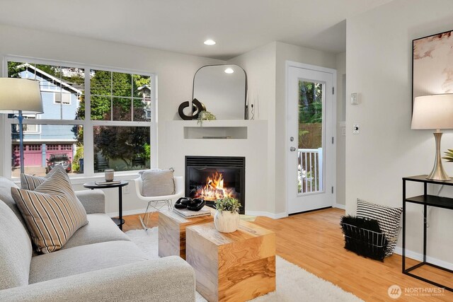 1542 15th Ave S Unit A, Seattle, WA 98144 - living area with a glass covered fireplace, wood finished floors, and recessed lighting