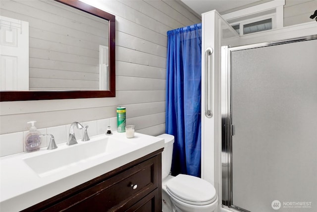 8984 Delta Line Rd, Custer, WA 98240 - bathroom with a shower stall, vanity, and wooden walls